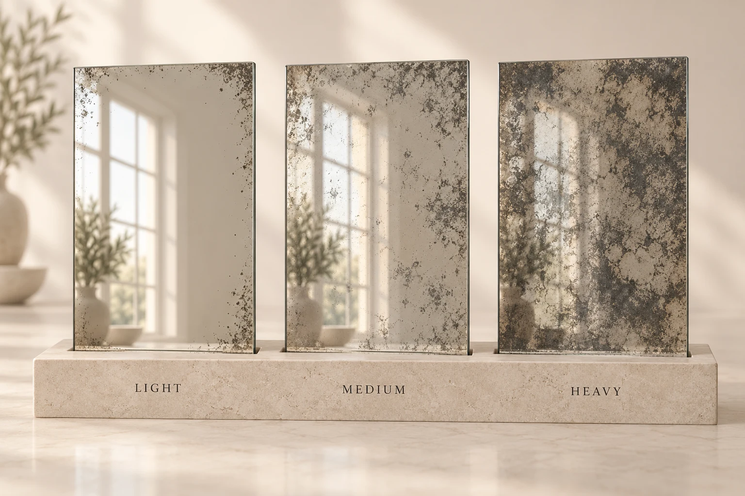 3D concept comparing light, medium and heavy mottling on three mirror panels under matching illustrated lighting