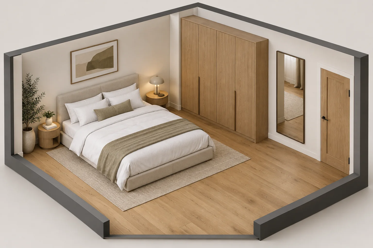 Cutaway 3D bedroom layout with a wall-mounted full-length mirror beside the wardrobe