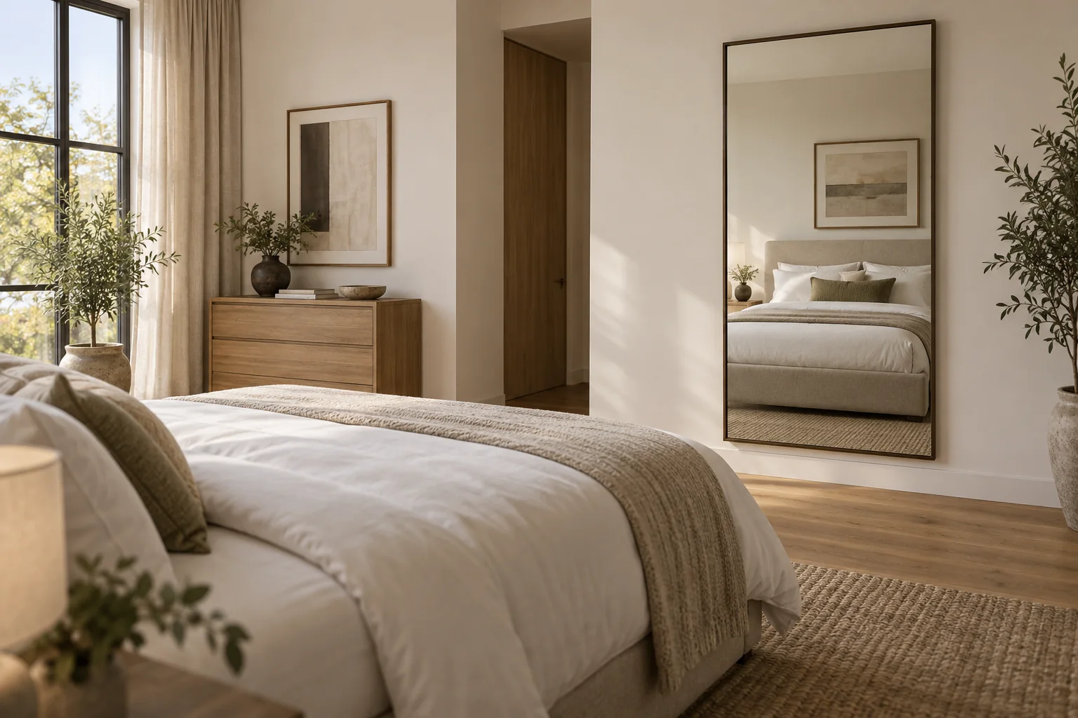 3D bedroom concept with a tall mirror opposite the bed reflecting the headboard and pillows