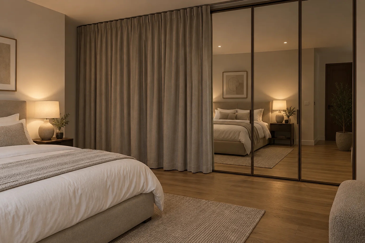 3D bedroom concept with a separate curtain partly covering fixed mirrored wardrobe doors