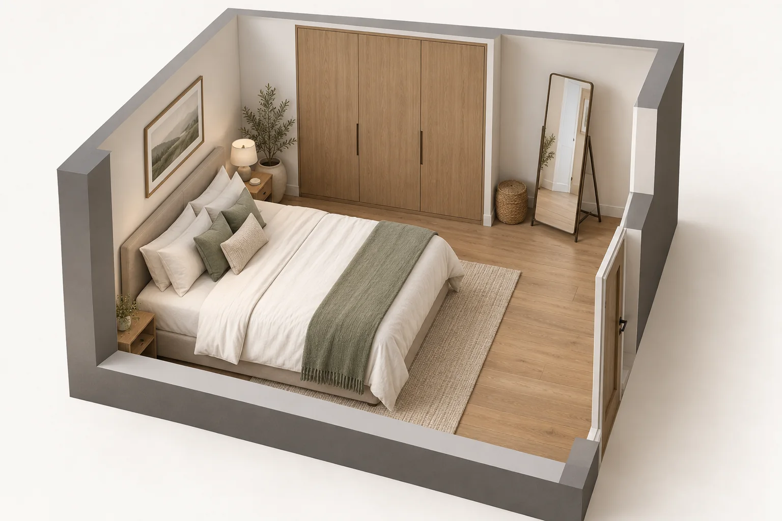 3D cutaway of a compact bedroom with a freestanding mirror showing its rear stand and an open dressing area
