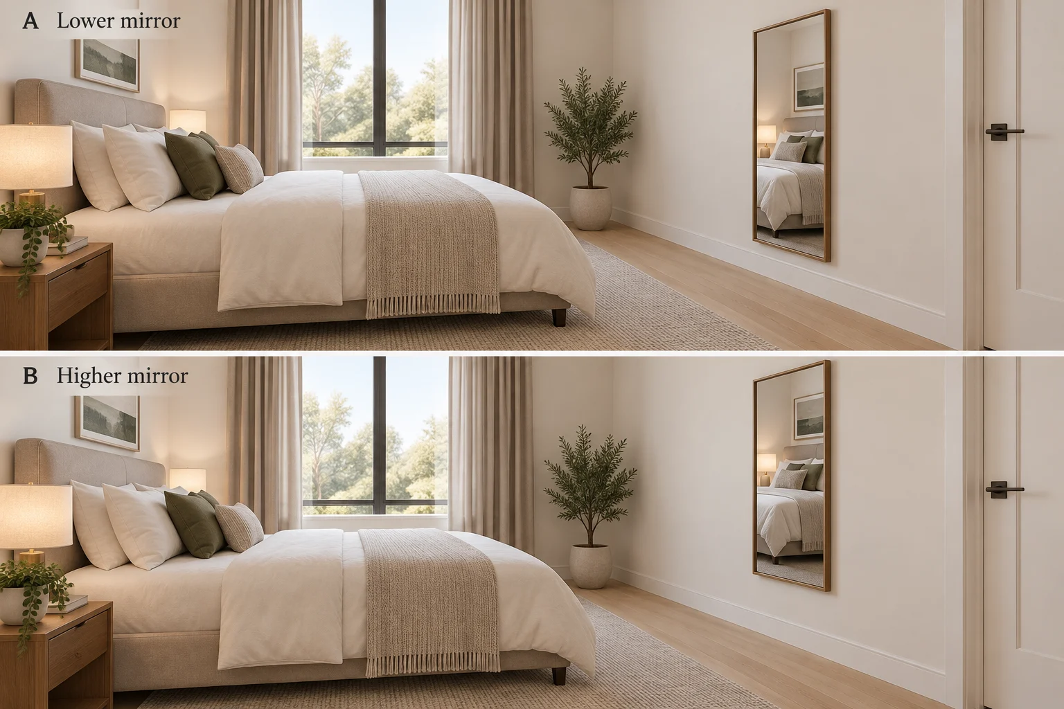 3D side-view comparison of the same bedroom mirror mounted lower and higher