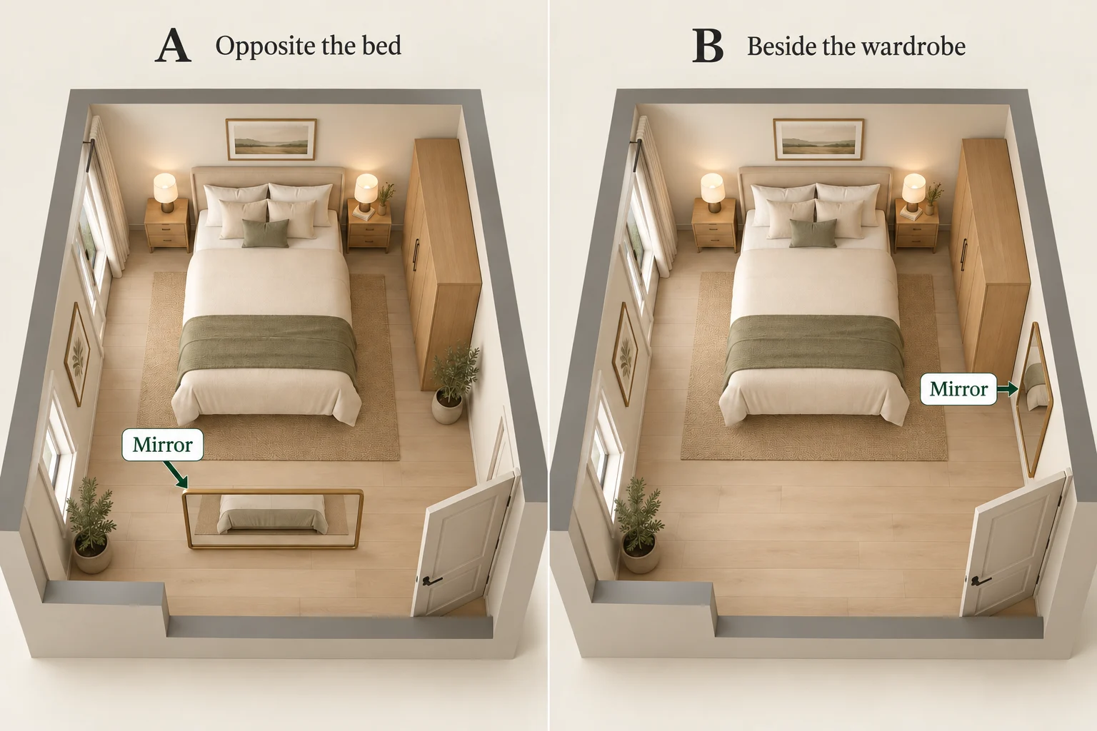 3D bedroom comparison with a mirror opposite the bed and another beside the wardrobe