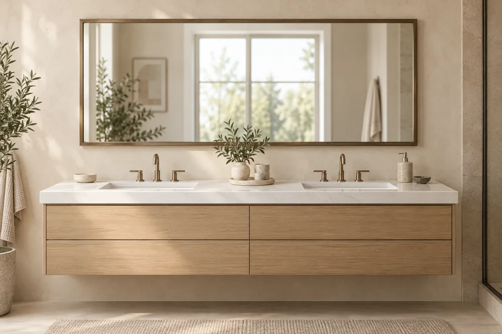 One wide rectangular mirror spanning two basins in a warm oak bathroom — 3D concept
