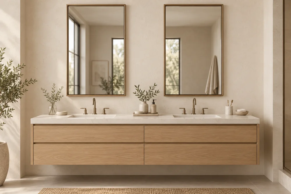 Two rectangular mirrors, each centered above a basin in a warm oak bathroom — 3D concept