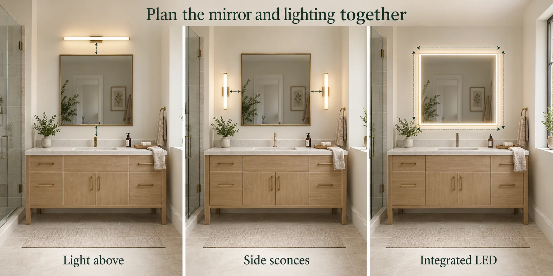 3D concept comparison of an overhead light, side sconces and integrated LED mirror