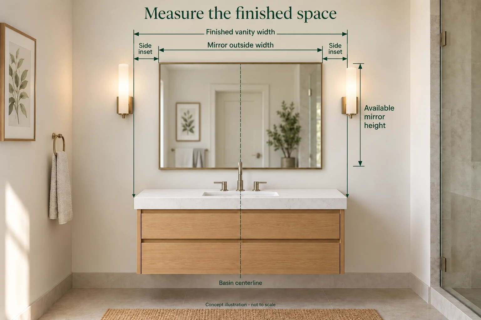 3D guide to finished vanity width, mirror outside width, side inset, basin centerline and available height