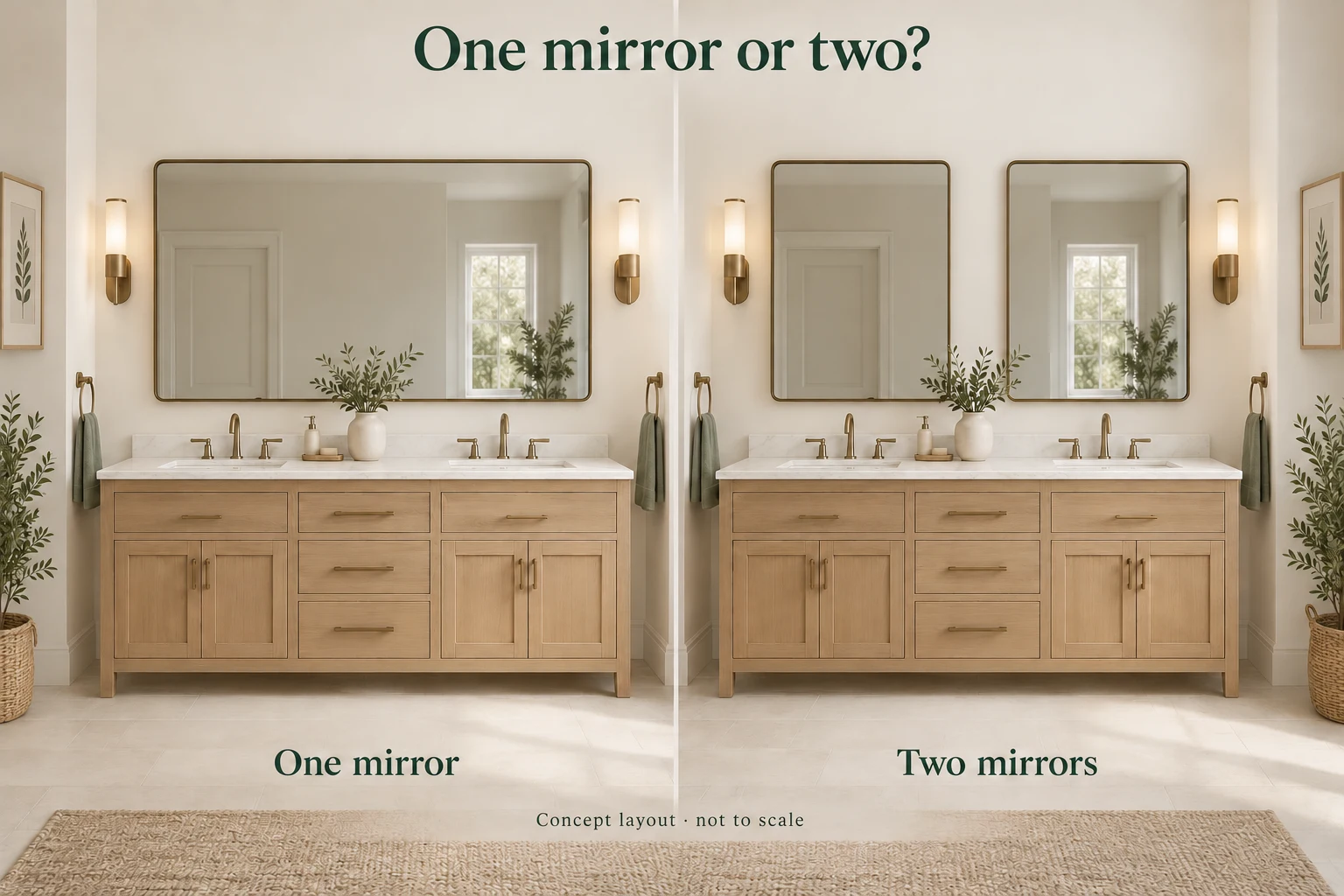 3D concept comparison of one wide mirror and two mirrors above double basins