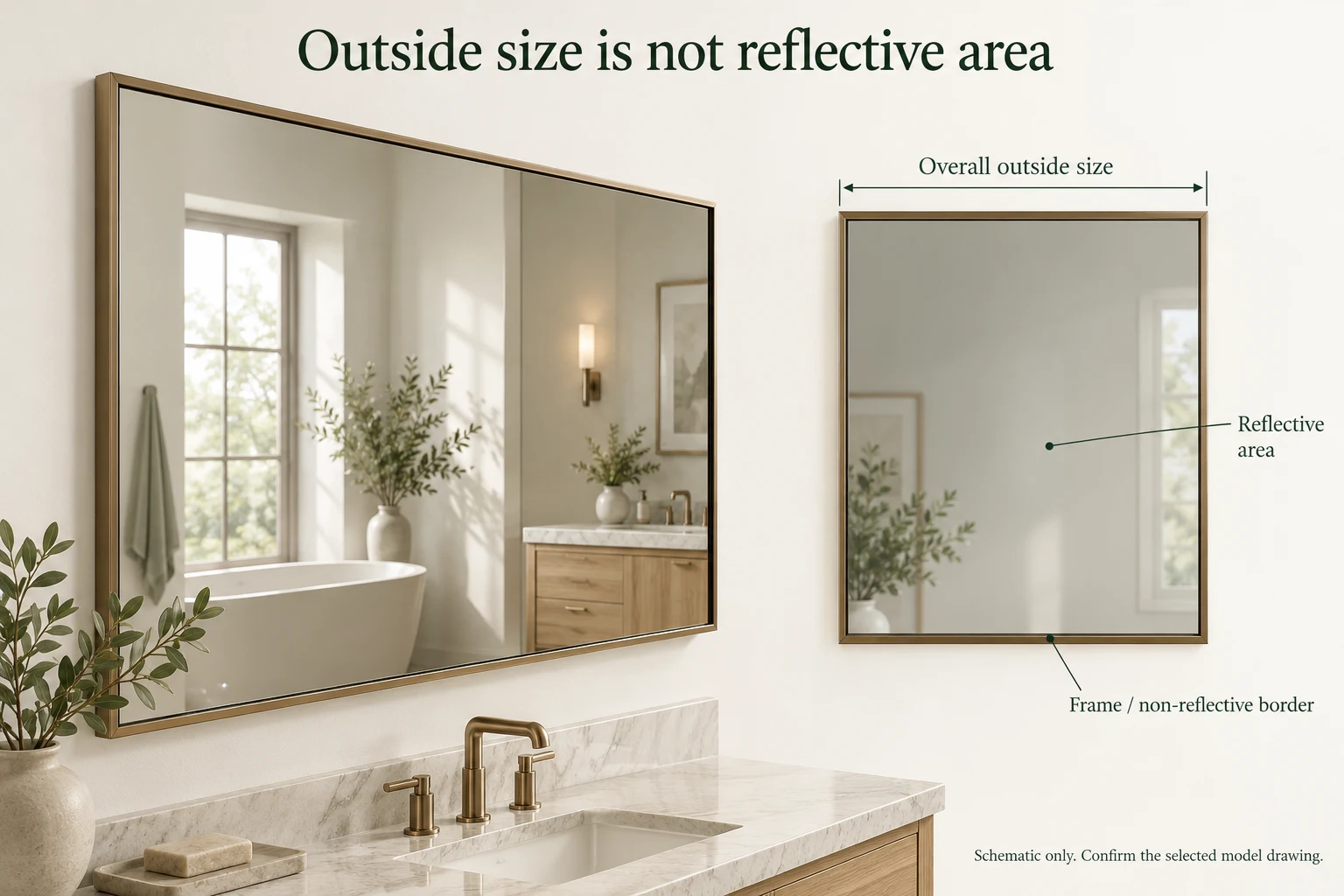 Mirror outside width compared with the inner reflective area and non-reflective border