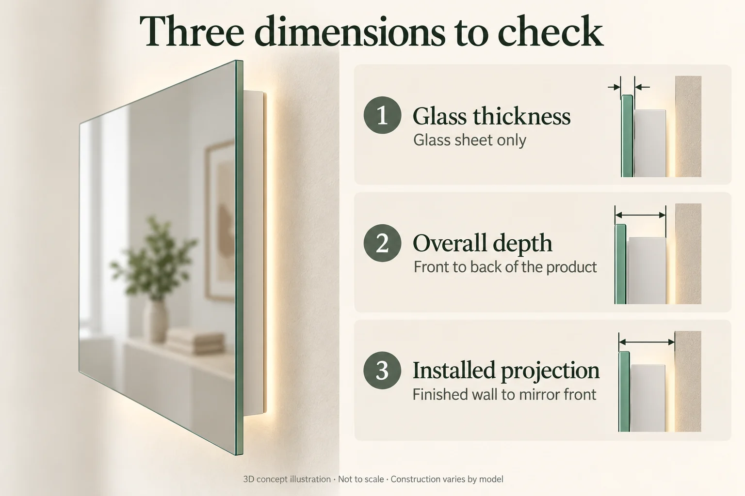 3D mirror concept with side diagrams comparing glass thickness, overall product depth and installed projection.