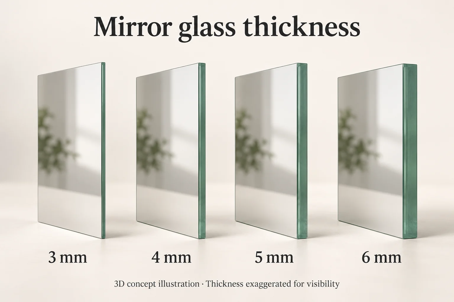 3D comparison of mirror glass samples labelled 3 mm, 4 mm, 5 mm and 6 mm, with enlarged edges.