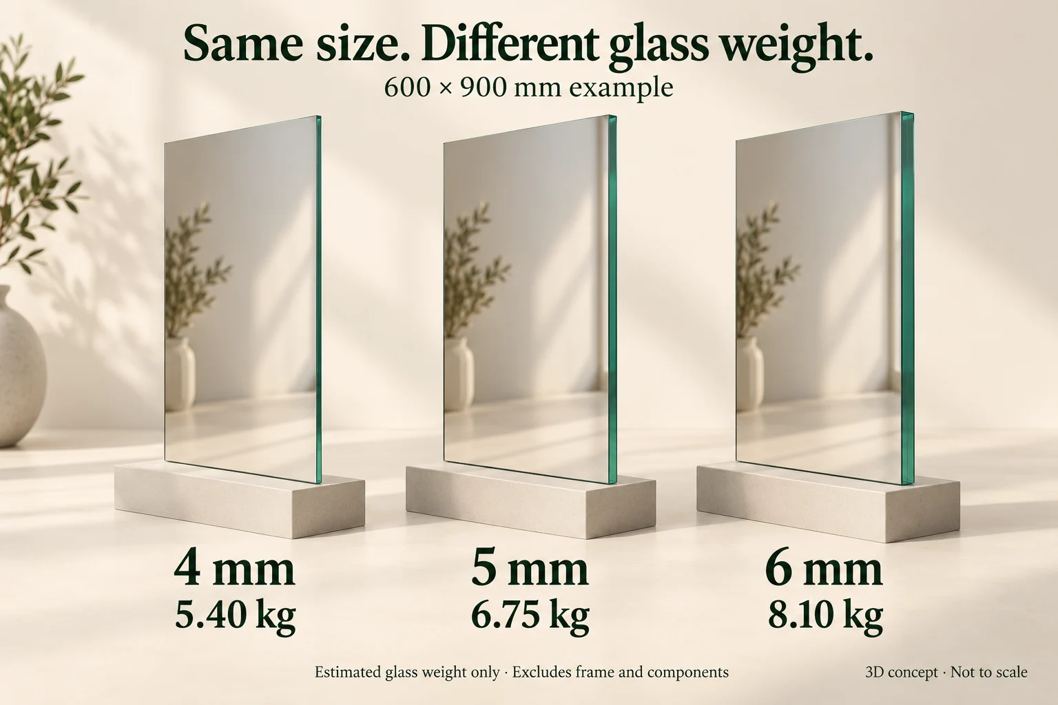 3D comparison of equal 600 by 900 mm mirror panels: 4 mm weighs about 5.40 kg, 5 mm 6.75 kg, and 6 mm 8.10 kg.