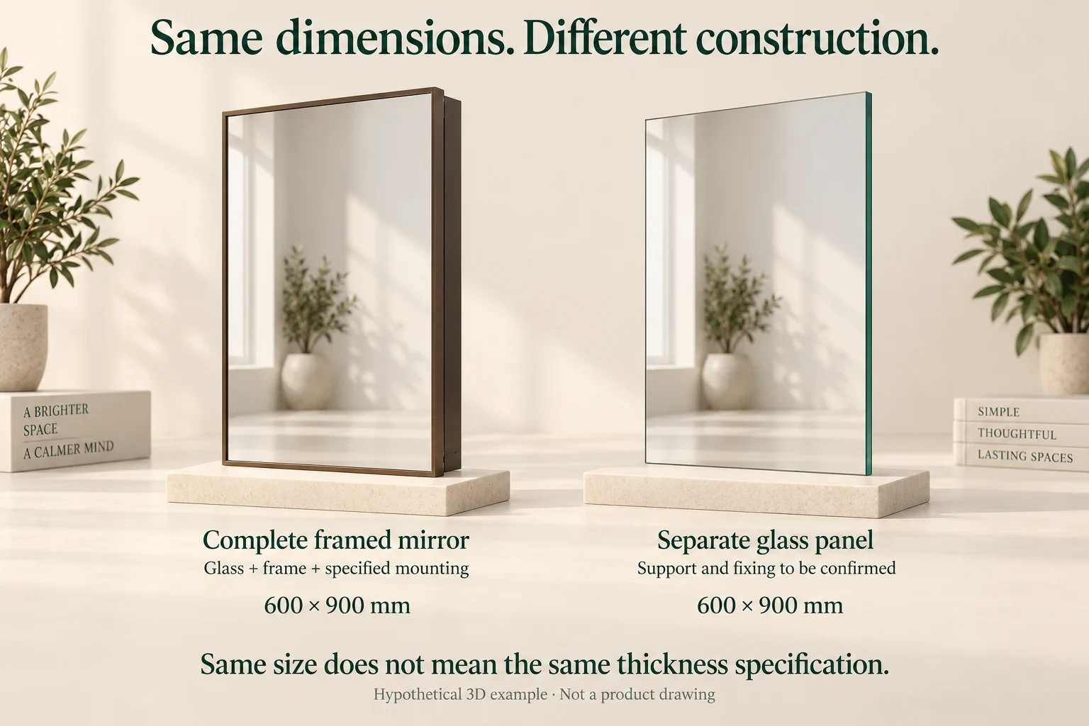 Hypothetical 600 by 900 mm framed mirror and separate frameless panel shown side by side to compare construction.