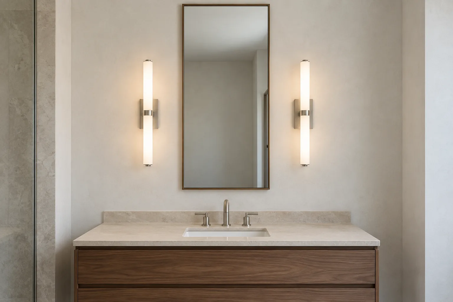 Two vertical wall sconces flanking a rectangular bathroom mirror above a walnut vanity