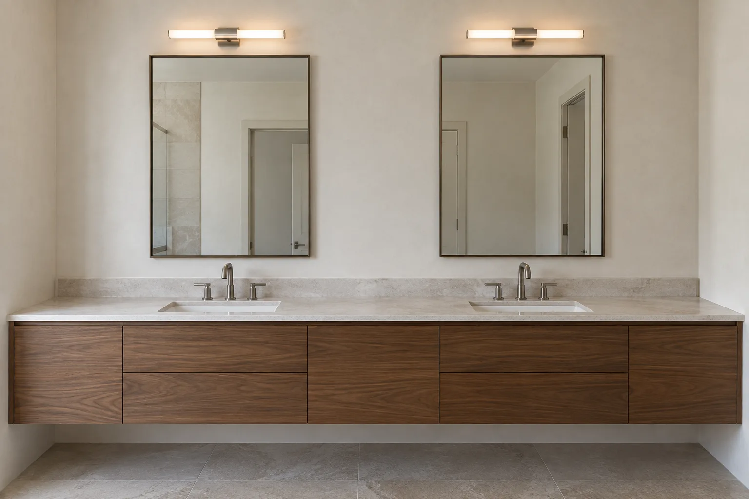 Double vanity with a separate mirror and horizontal light aligned above each basin