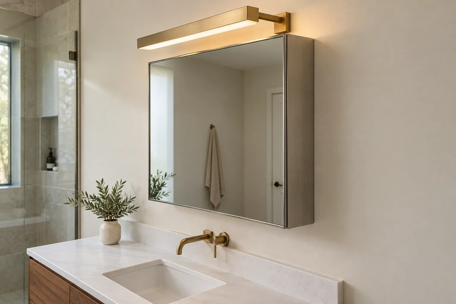 Three-quarter 3D concept showing cabinet depth and the forward projection of an overhead vanity light