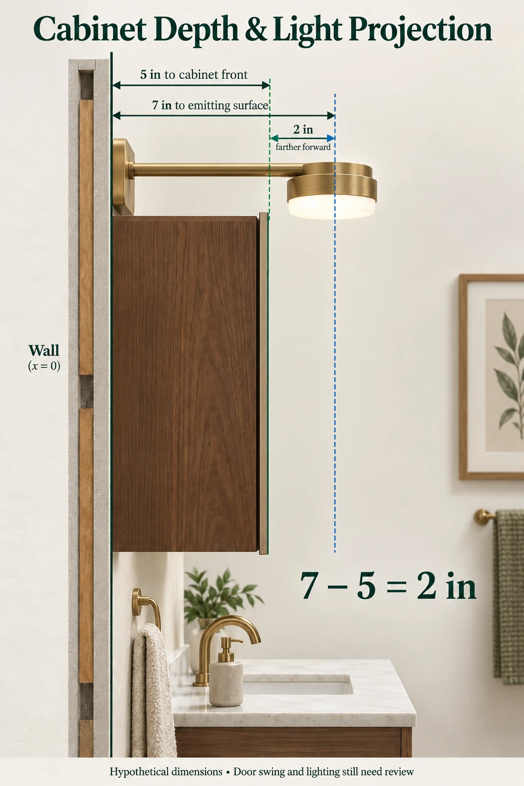 Side section comparing a five-inch cabinet projection with a light-emitting surface seven inches from the finished wall