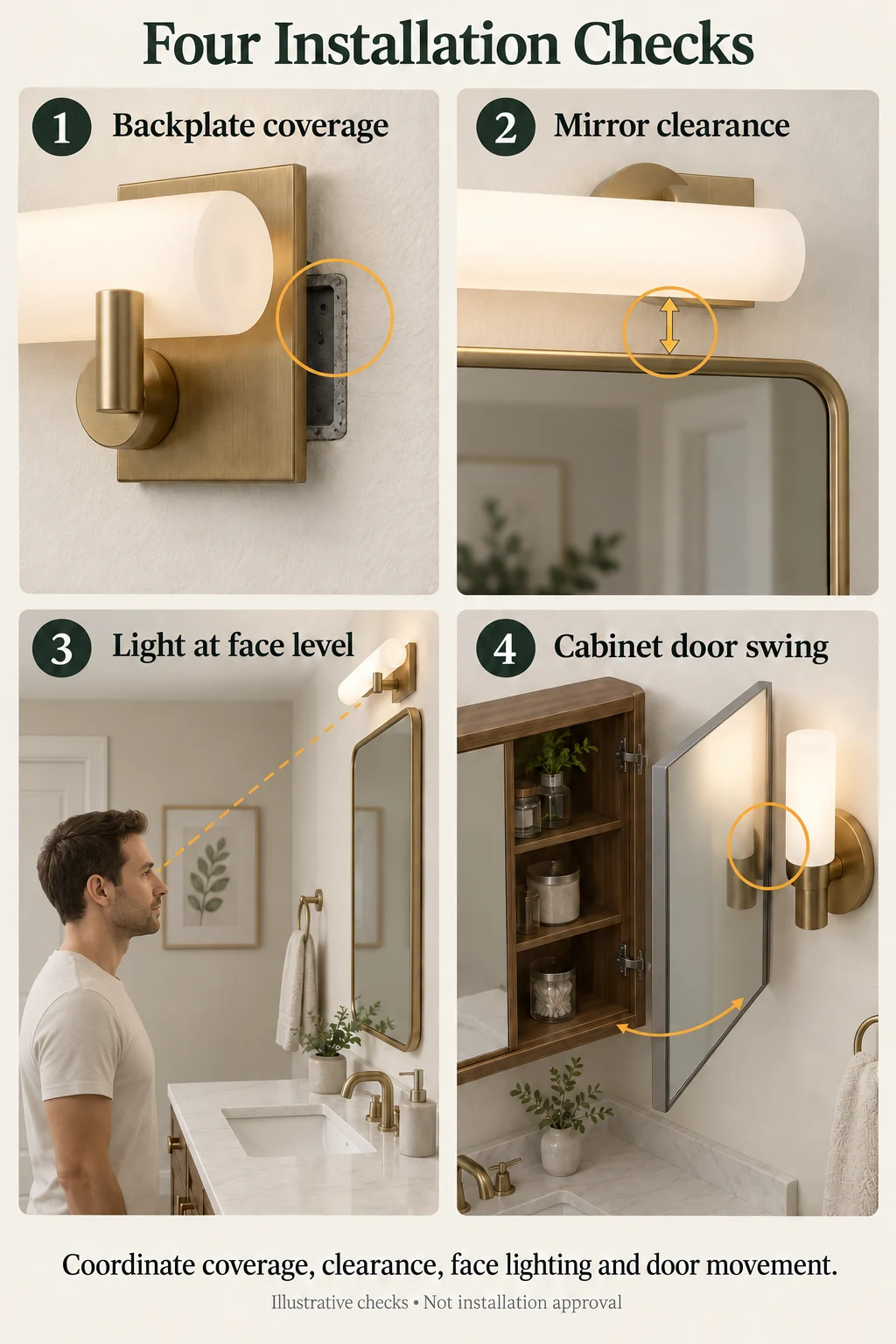 Four three-dimensional checks: exposed electrical opening, mirror clearance, raised light relative to a clothed adult's face, and cabinet door sweep crossing a sconce