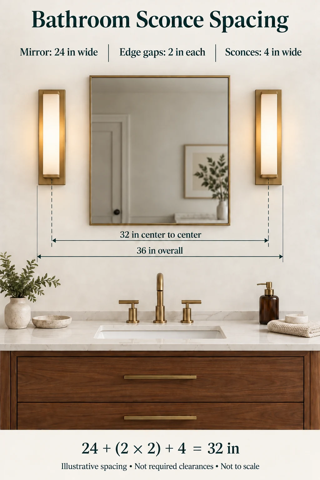 Three-dimensional spacing example showing a 24-inch mirror, two 2-inch edge gaps, 4-inch sconces and a 32-inch center-to-center spacing