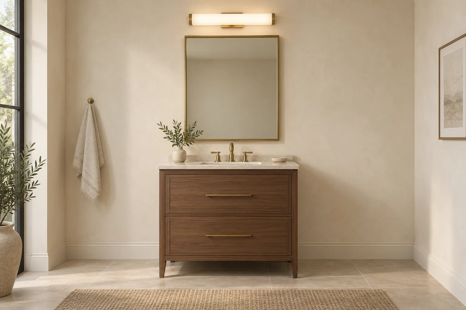Three-dimensional concept of a walnut single vanity, rectangular framed mirror and diffused overhead light