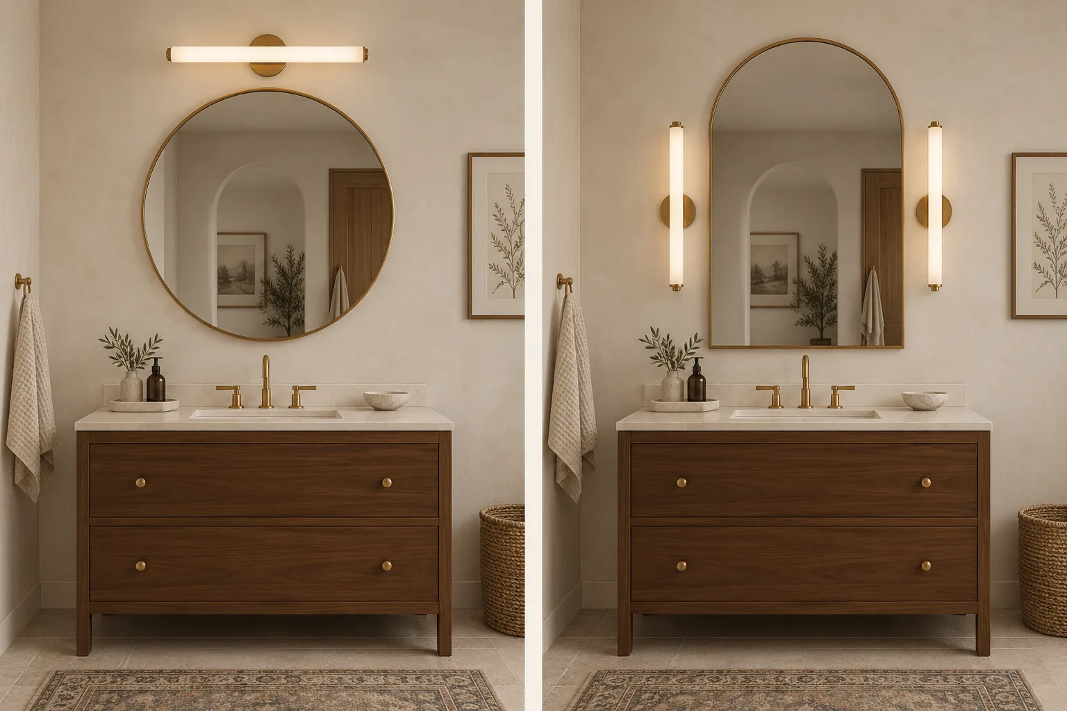 Two 3D layout concepts: a circular mirror with an overhead light and an arch-top mirror flanked by vertical sconces