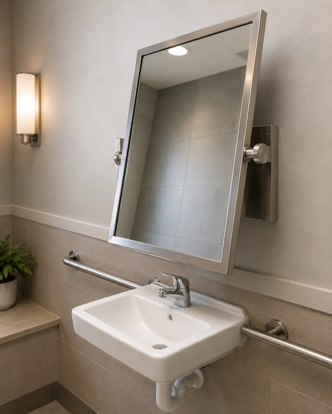 Adjustable tilt accessible bathroom mirror with pivot hardware