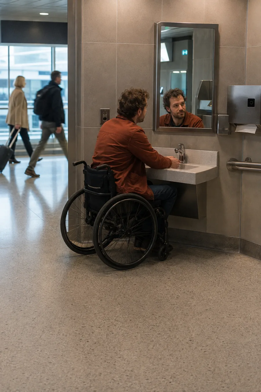 Wheelchair user at an accessible mirror in a busy airport restroom