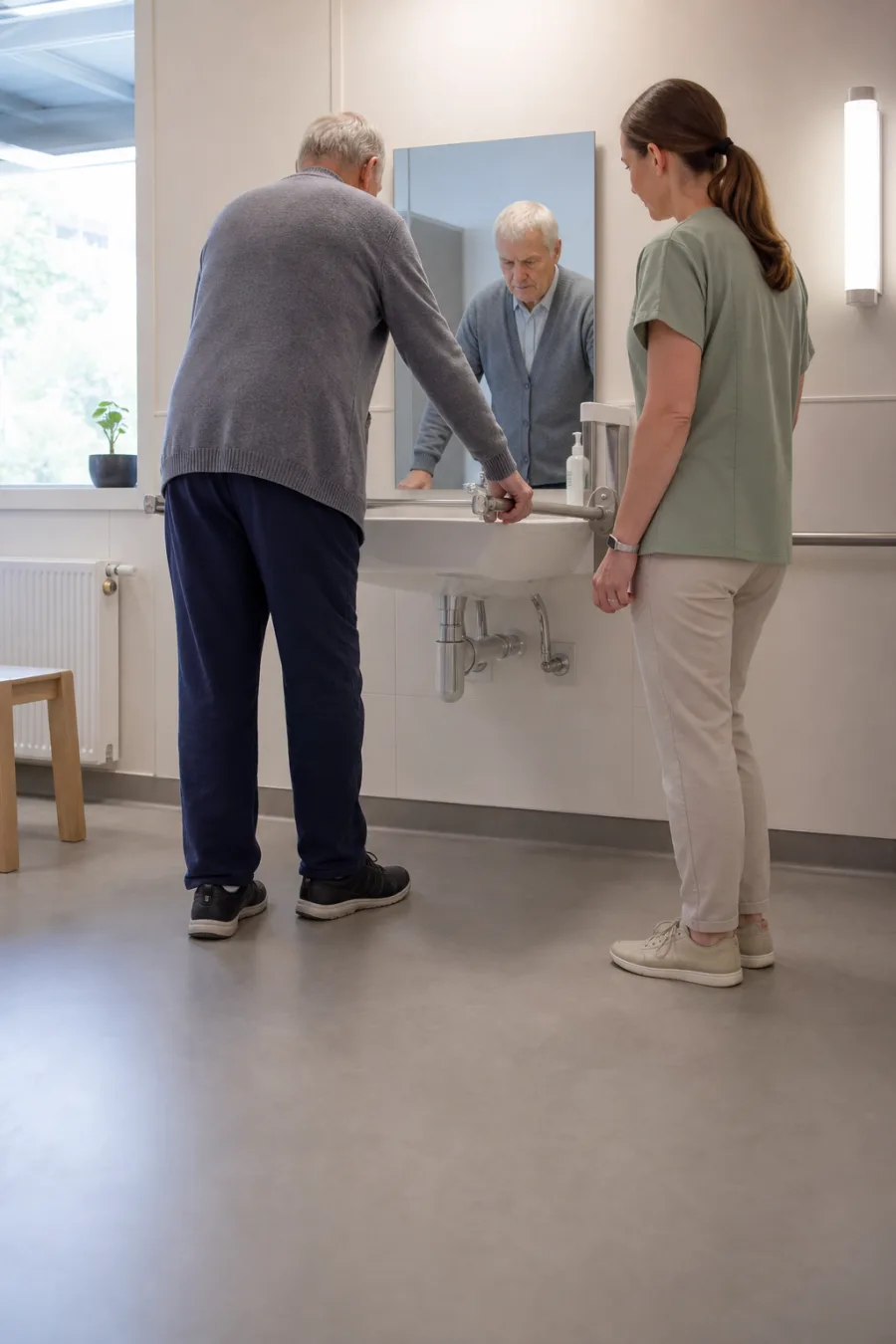 Older patient and occupational therapist using an accessible rehabilitation bathroom