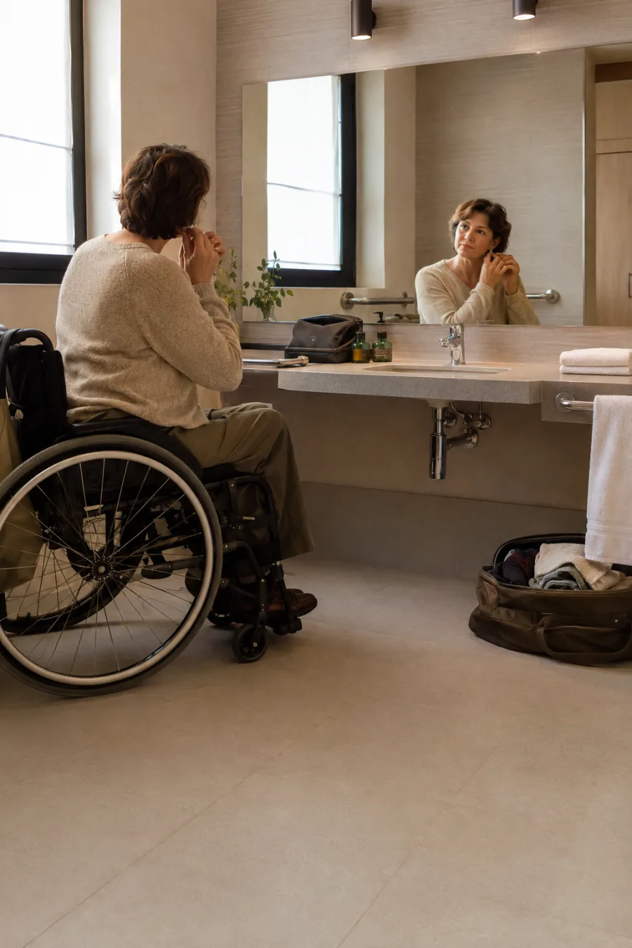 Wheelchair traveler using an accessible mirror in a boutique hotel guest bathroom