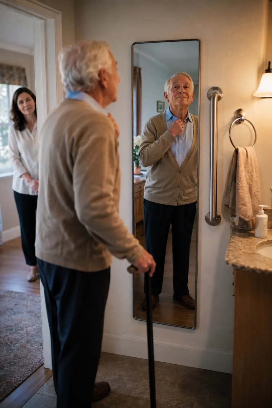 Older man using a cane at a full-length mirror in a senior-living bathroom