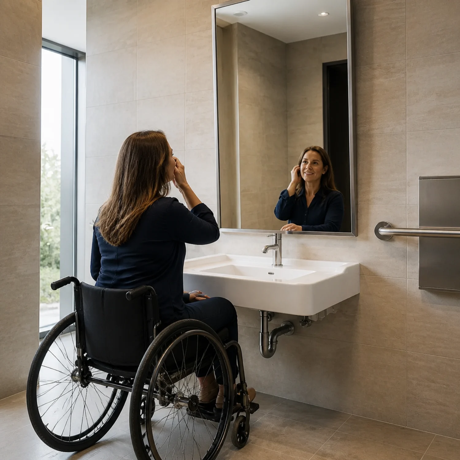 Wheelchair user viewing an accessible commercial bathroom mirror above a wall-hung lavatory