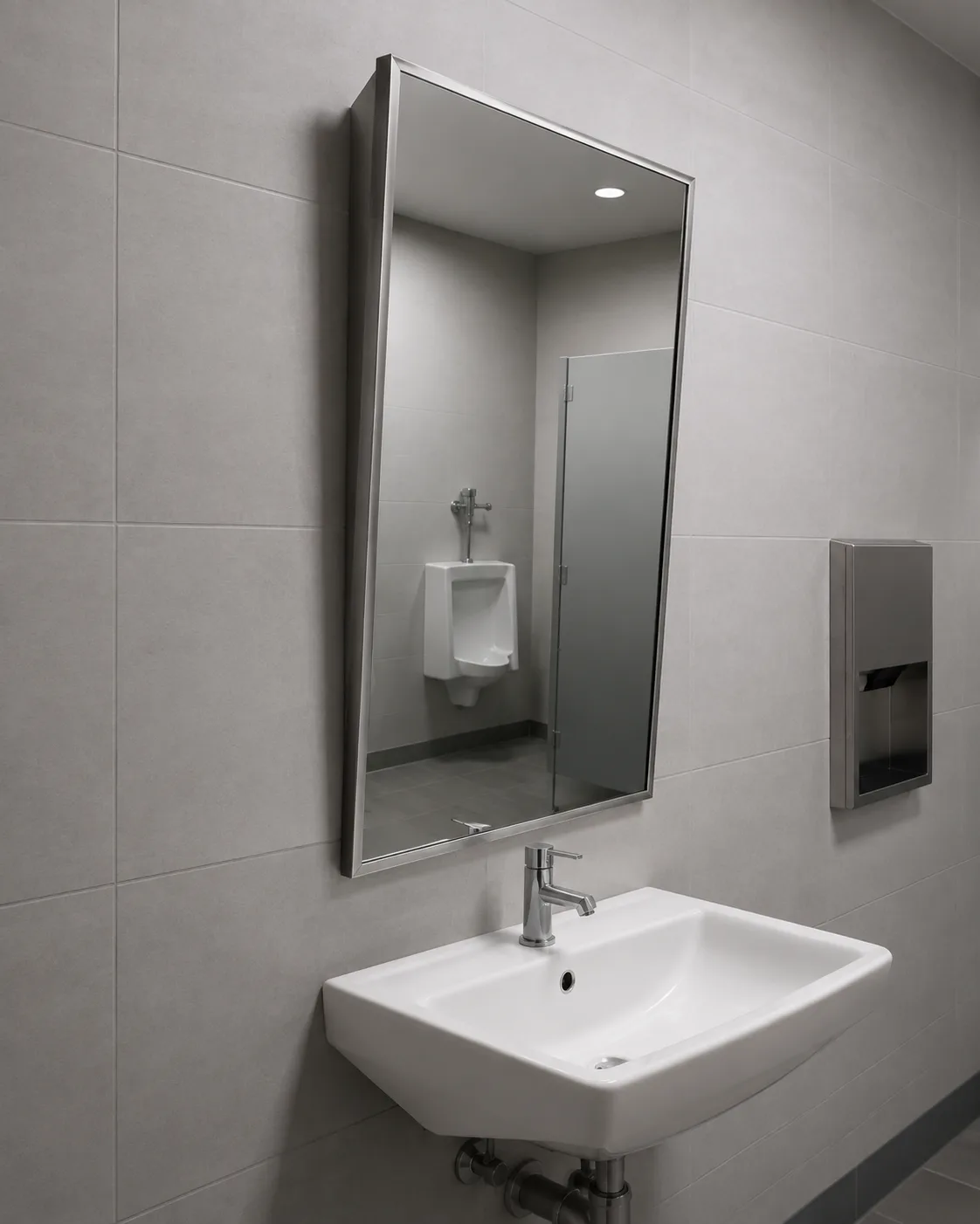 Fixed tilt ADA bathroom mirror in a commercial restroom