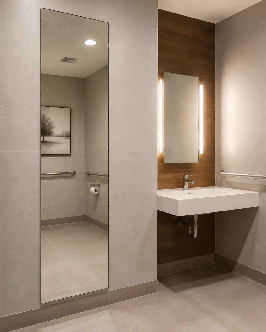 Full length accessible mirror beside an accessible lavatory