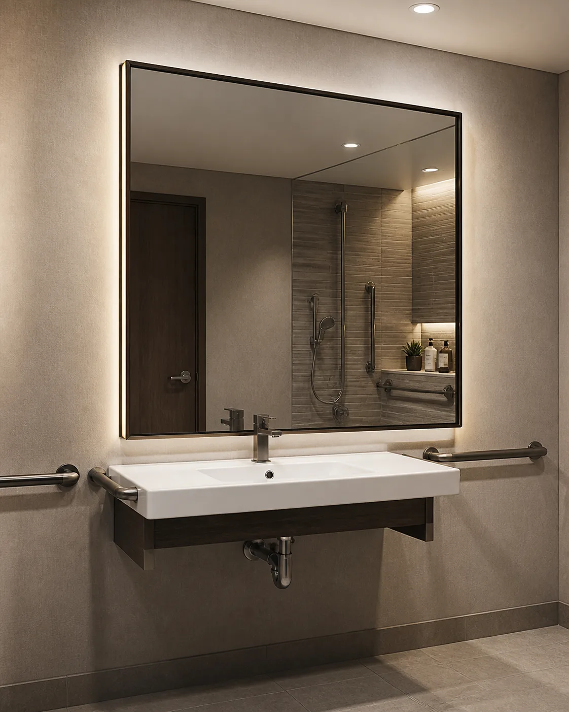 LED mirror above an accessible wall-hung lavatory