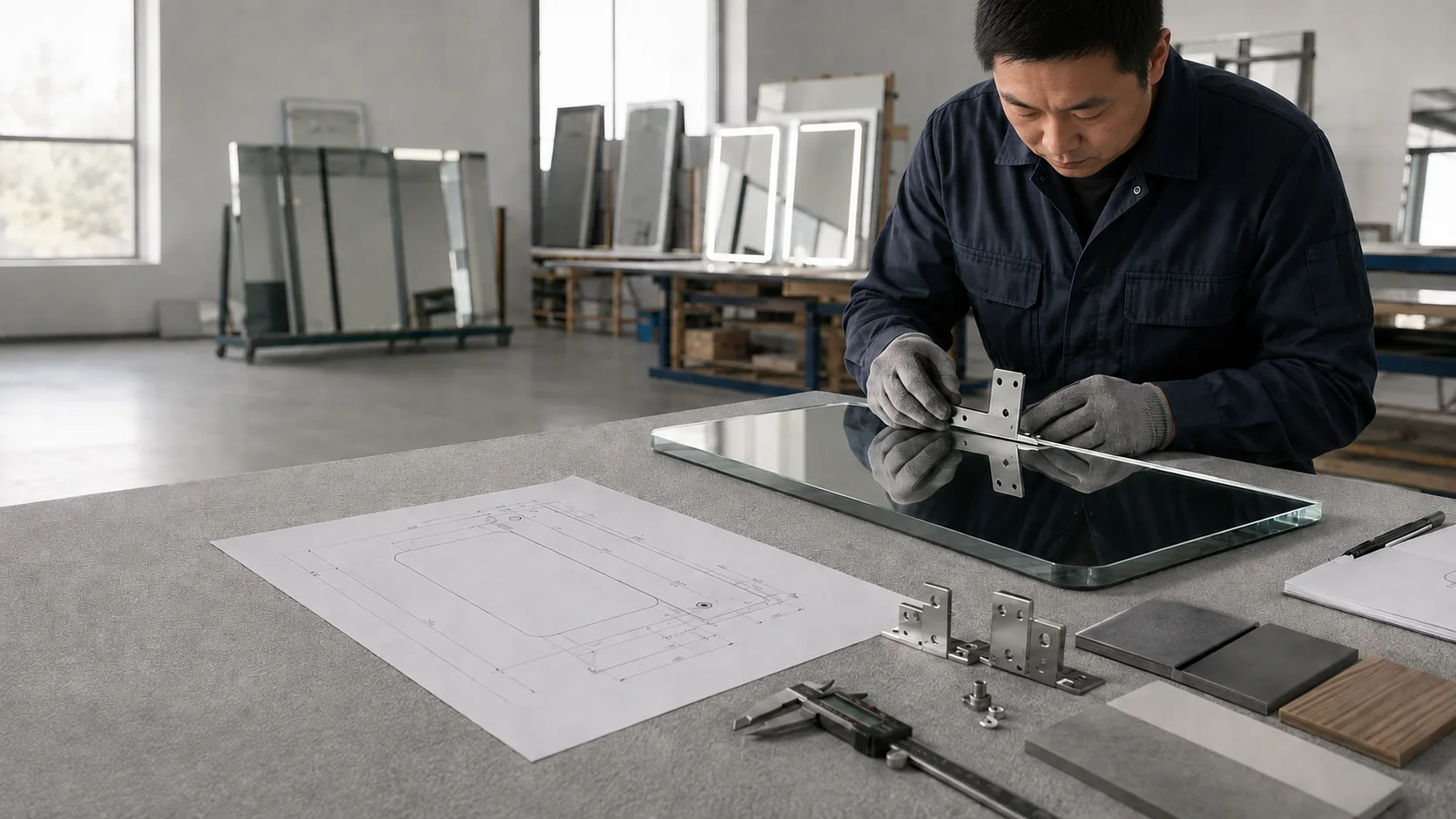 Chinese mirror-factory technician reviewing an ADA mirror drawing, mounting hardware and mirror sample during quality control