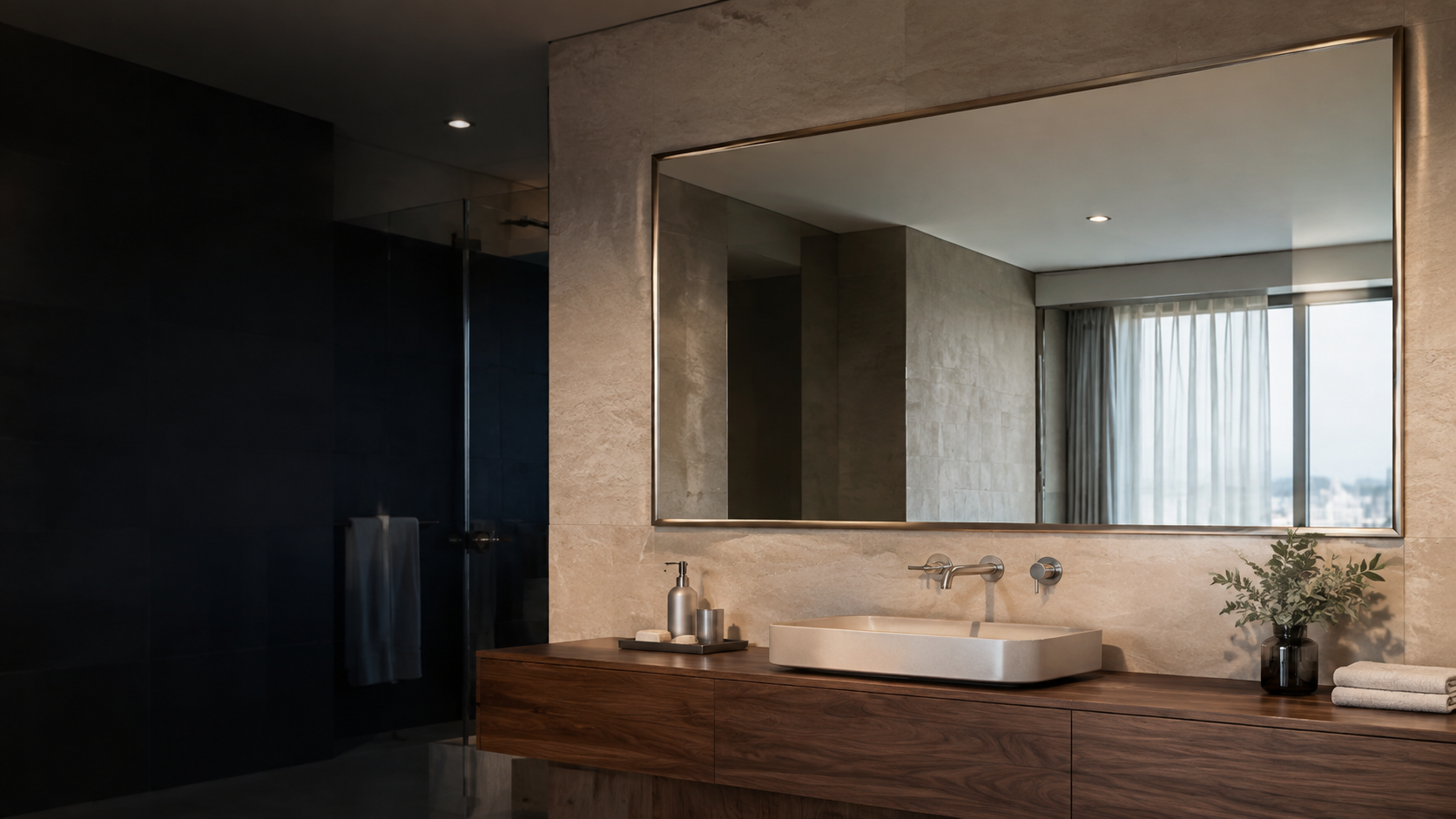 Slim champagne aluminum framed mirror in a hotel bathroom