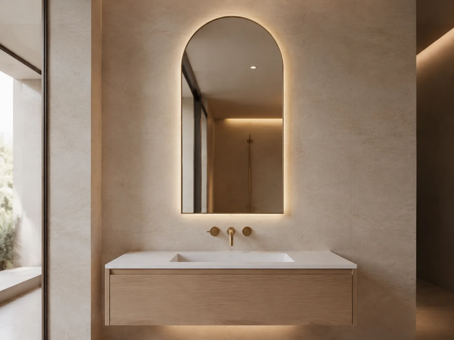 Arched aluminum framed bathroom mirror