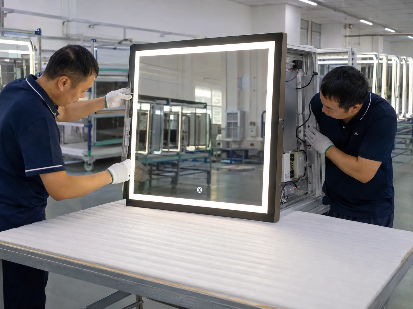 Aluminum framed mirror manufacturing and quality inspection