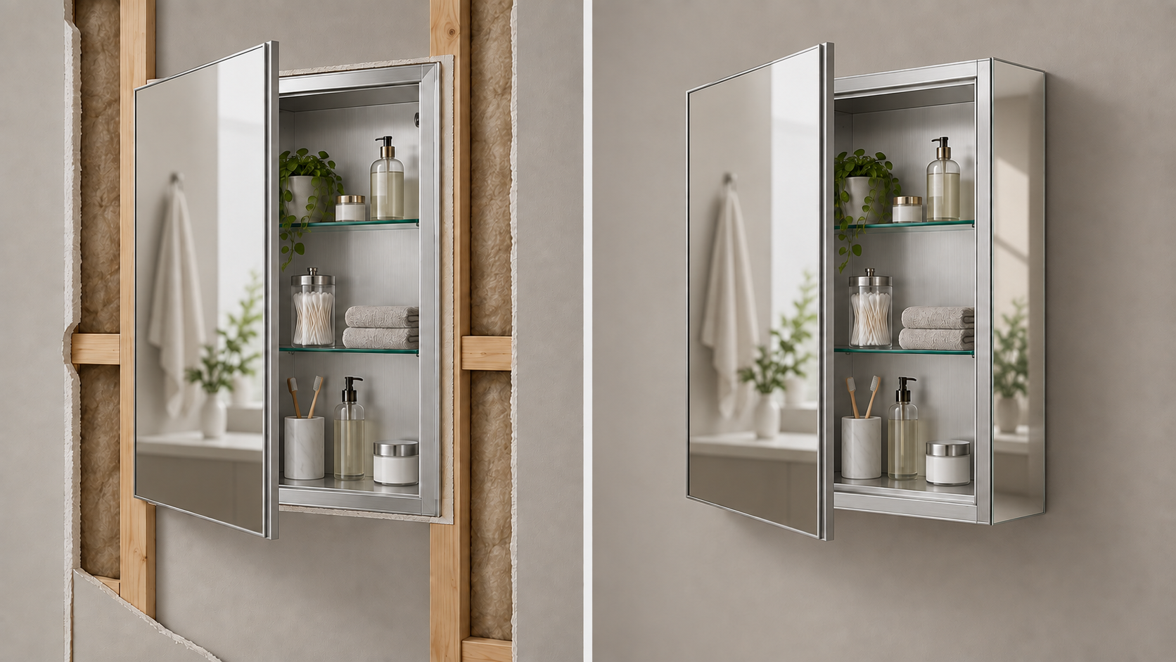 Recessed and surface-mounted aluminum medicine cabinets with mirrored exterior side panels