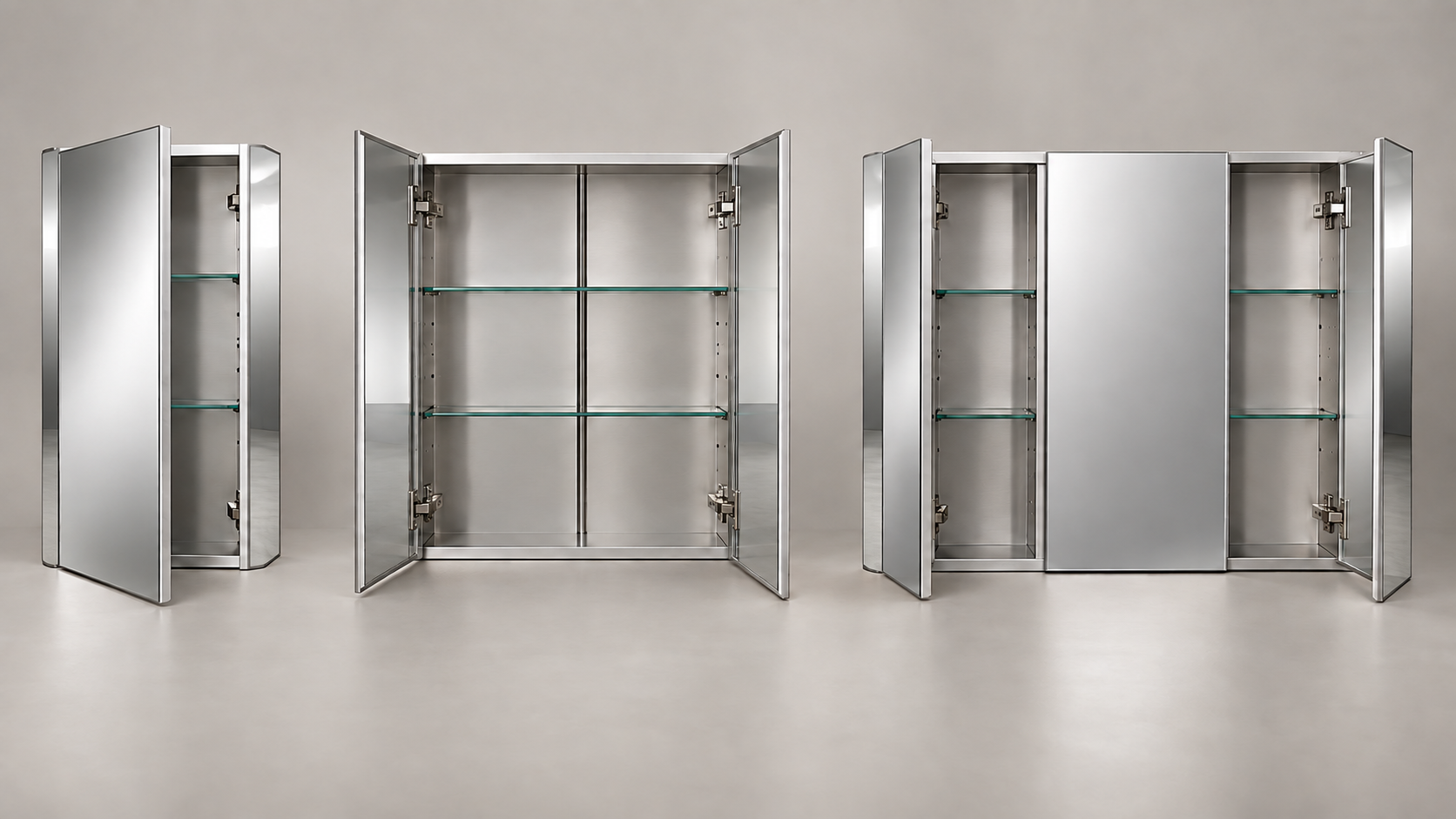 Single, double and triple door aluminum medicine cabinets with mirrored exterior side panels