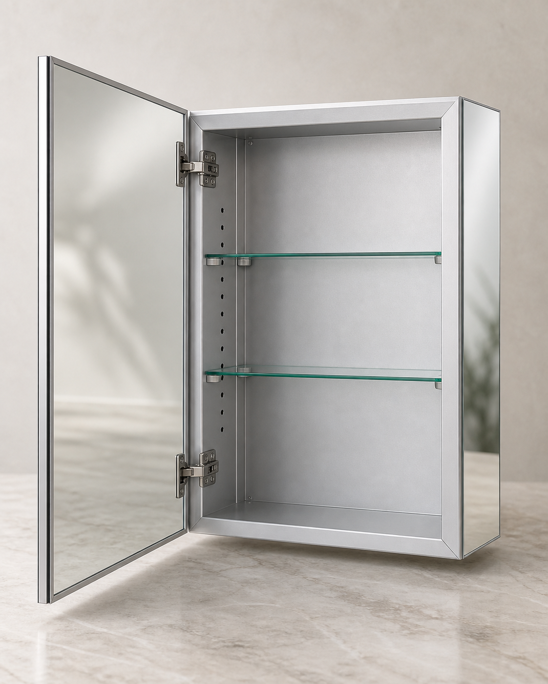 Open aluminum medicine cabinet showing anodized aluminum profiles, adjustable shelf holes, glass shelves and concealed hinges