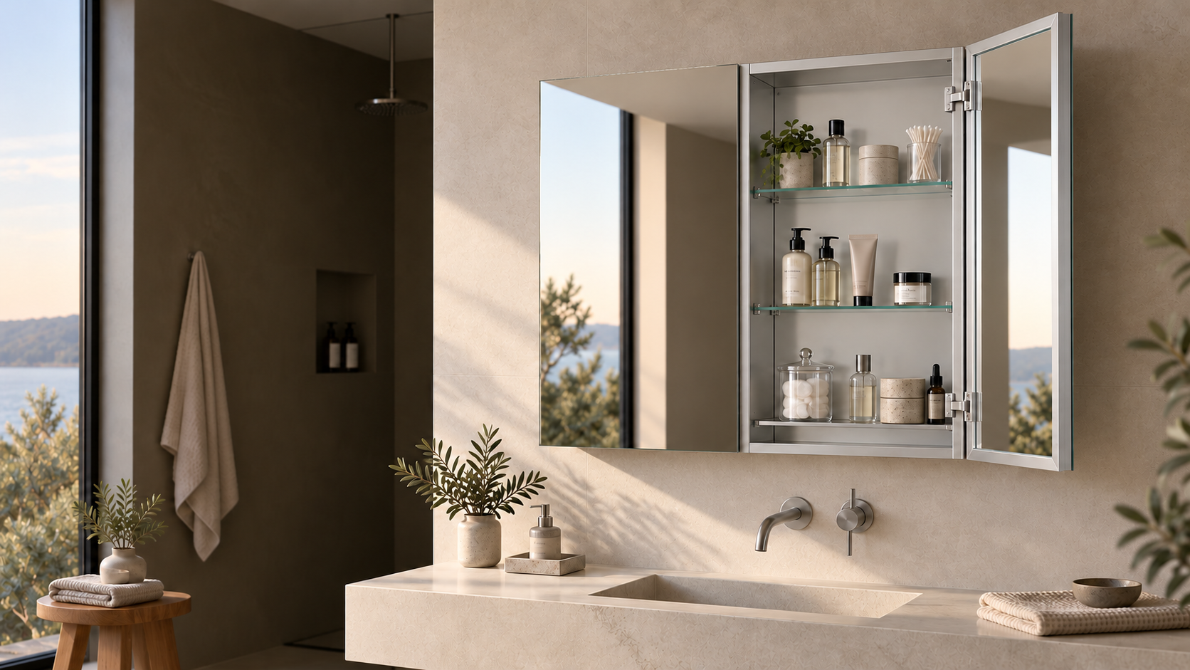 Open matte silver anodized aluminum medicine cabinet in a contemporary bathroom