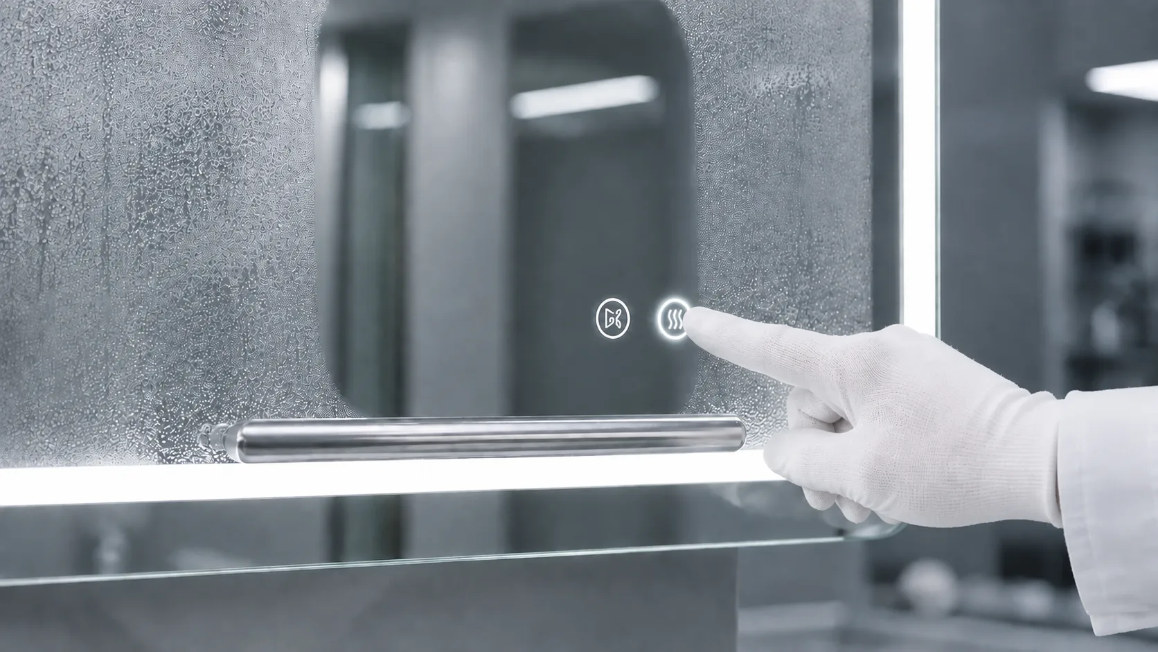 Illustration of an anti-fog control and clear-zone function check on an LED bathroom mirror
