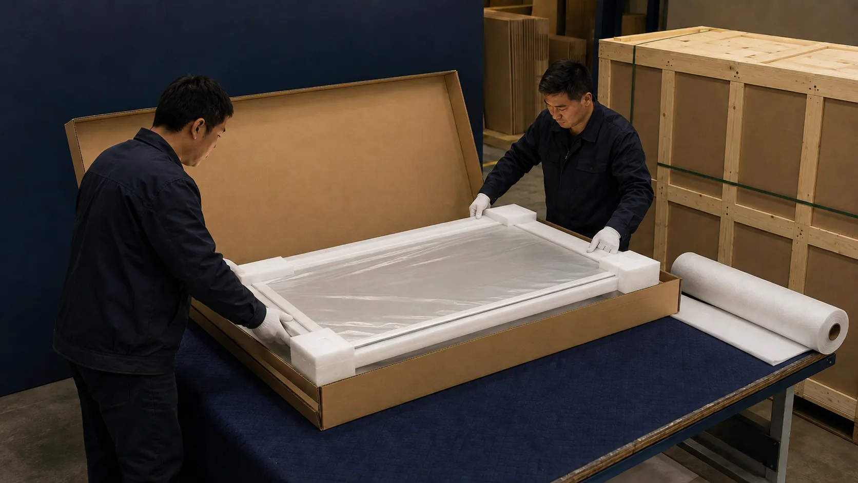 Illustration of protective packaging for an export bathroom mirror