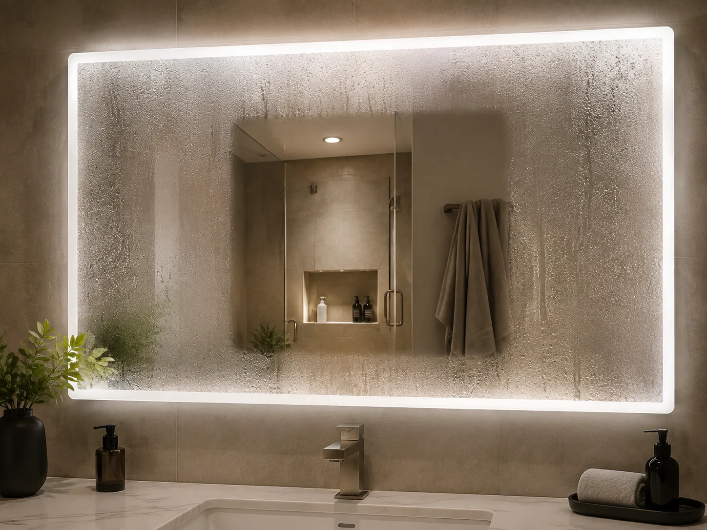 Anti-fog bathroom mirror with a defined clear viewing area