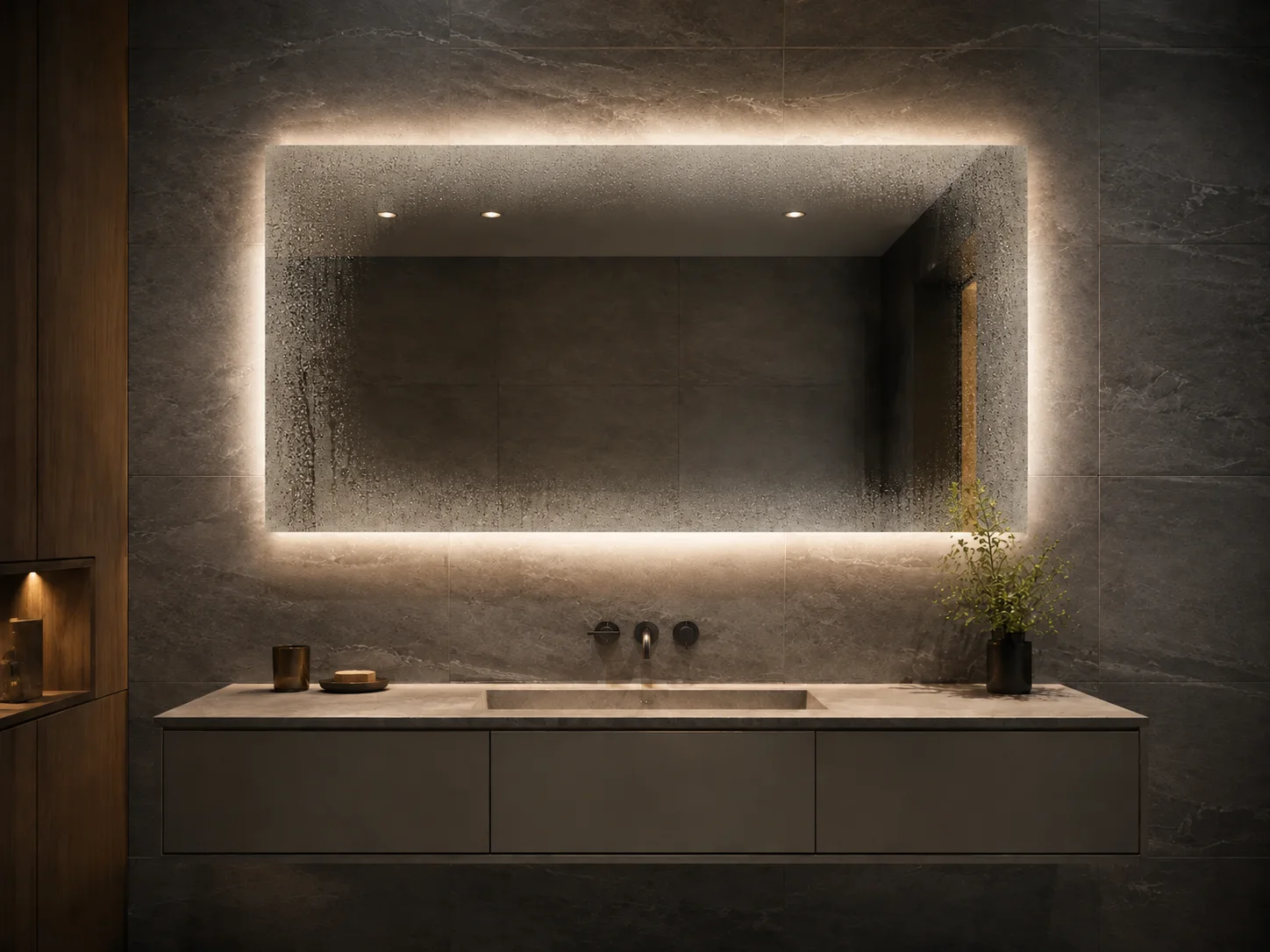 Rectangular backlit anti-fog bathroom mirror showing a clear demister zone surrounded by condensation