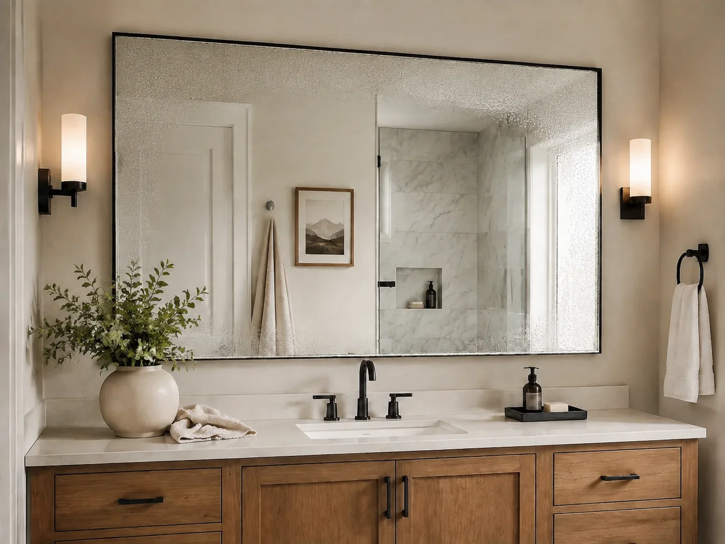 Black framed anti-fog bathroom mirror showing a clear demister zone surrounded by condensation