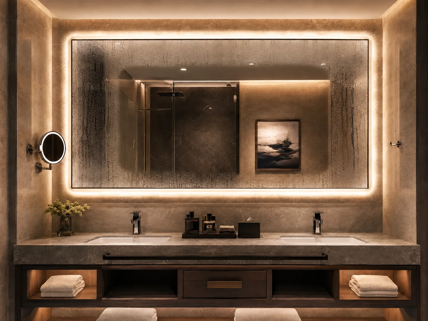 Wide anti-fog LED mirror for hotel bathrooms showing a clear demister zone surrounded by condensation