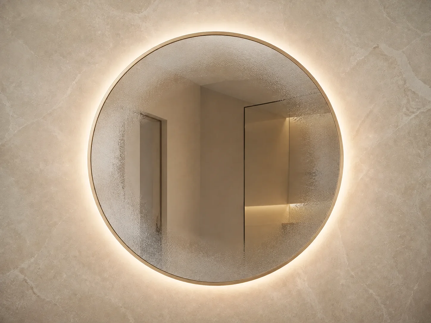 Round gold-framed anti-fog bathroom mirror with a naturally cleared reflective center and light condensation around the perimeter