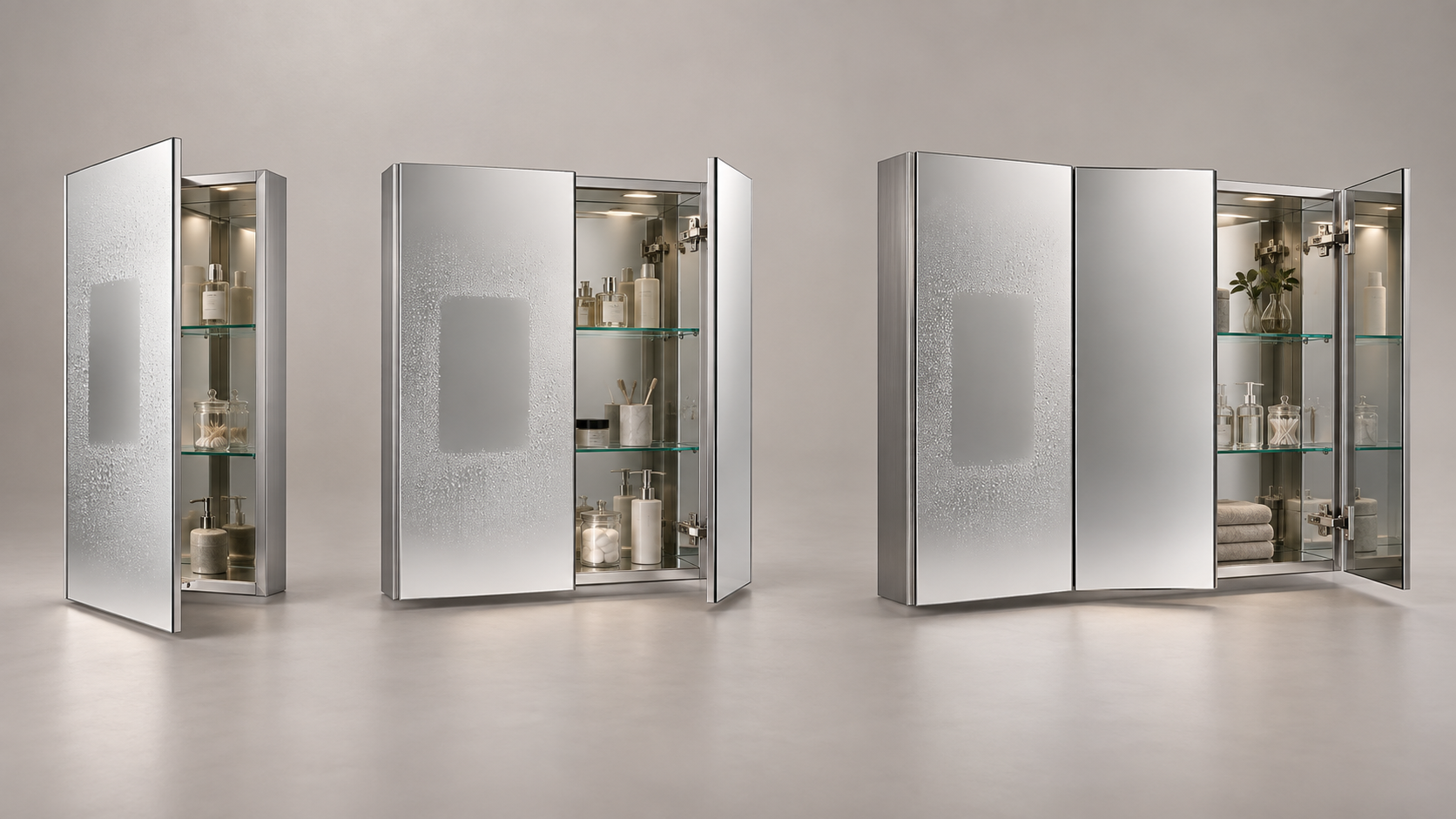 Single-door, double-door and triple-door anti-fog medicine cabinet concepts with storage visible
